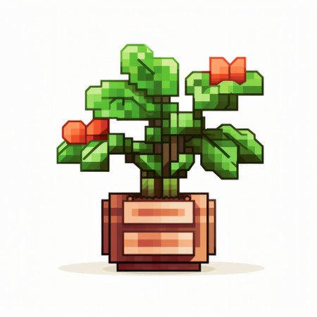 pixel plant with red leaves, charming character illustrations, wood sculptor, decorative vessels, neogeo, cabincore, tondo, grid-based. ai generatedの素材