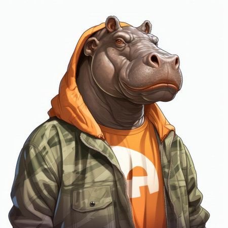 hippo wearing green pants and a white shirt, depicted in hyper-realistic animal illustrations and anime-inspired character designs. the artwork features a blend of orange and bronze tones, reminiscent of celebrity portraits and steelpunk aesthetics. the charming character exudes a dc comics vibe. ai generatedの素材