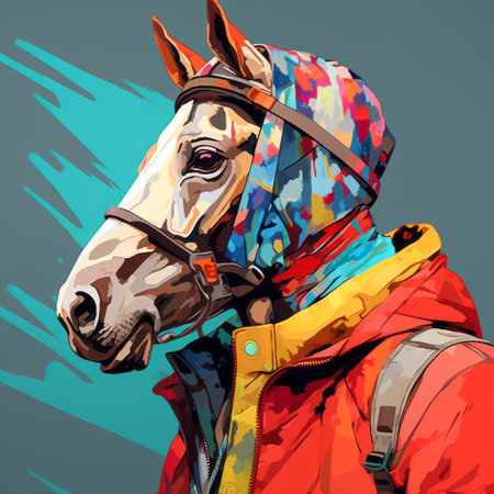 a horse portrait in pop-art style with adventure-themed, multi-layered color fields and hyper-realistic animal illustrations. the expressive character design and saturated color fields create a captivating and dynamic visual experience. this sketchfab artwork showcases the fusion of graphic design and hyper-realism, offering a unique and vibrant portrayal of the majestic animal. ai generatedの素材