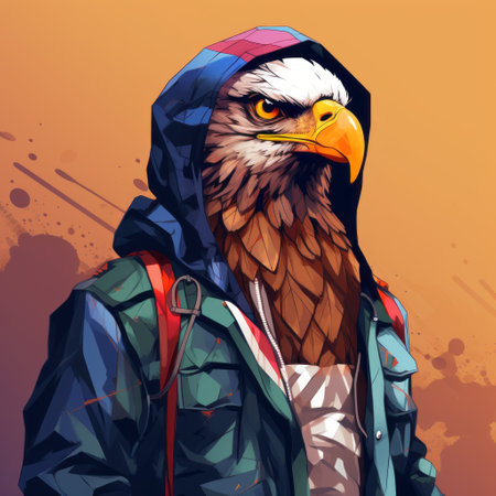 a hooded eagle with a backpack, portrayed in a hyper-realistic pop-art fusion style. this charming character illustration showcases the unique combination of kombuchapunk and painterly techniques. inspired by the simplified and stylized portraits of ryan stegman, this artwork captures the essence of the subject in a visually captivating manner. created using ue5 technology, it brings a modern twist to traditional wildlife imagery. ai generatedの素材