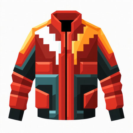 pixel jacket with bold graphic illustrations and retro futurism style. dark red and dark orange colors with realistic detailing. bright primary colors and sharp edges create a symmetrical design. this jacket stands out with its unique and eye-catching appearance. ai generatedの素材