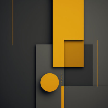 abstract iphone wallpaper featuring a luxurious geometric design in yellow, grey, and black. the minimalist stage design is inspired by mechanized abstraction, with rectilinear forms and vibrant use of light and shadow. the dark gray and orange hues add depth to the cardboard-like, ai generatedの素材