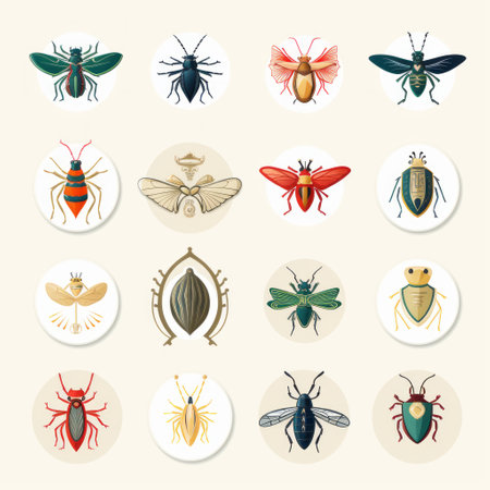 small bugs in various colors and styles, including bug moth and bug slug vector graphics. these flat style illustrations feature highly detailed circular shapes, precisionist lines, and shapes inspired by esoteric and egyptian iconography. the color palette includes light yellow, light red, dark emerald, and beige. ai generatedの素材