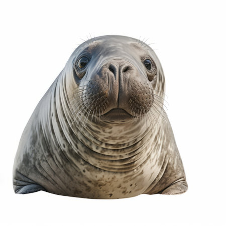 elephant seal in close-up with a flat drawing style, showcasing a front view on a crisp white background in stunning 8k ultra-clear resolution. ai generatedの素材
