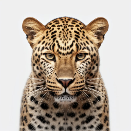 a leopard, close-up and in a front view, is depicted in a flat drawing with an 8k ultra-clear resolution. the image showcases a detailed portrayal of the majestic animal against a crisp white background. ai generatedの素材