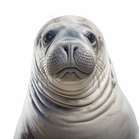 this close-up flat drawing of an elephant seal in a front view is showcased against a white background. the detailed 8k ultra-clear resolution beautifully highlights the features of the elephant seal, offering a striking portrayal of this magnificent marine mammal. ai generatedの素材