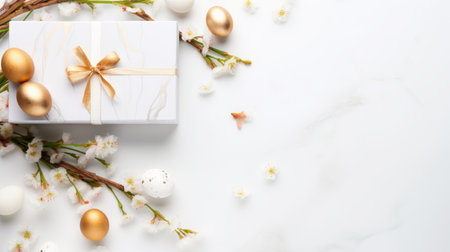 easter monday gift decoration on solid white background with copy space. flat lay composition showcasing fall-themed items. top view arrangement for festive presentation. combining keywords: easter monday, gift decoration, white background, flat lay, top view, fall, festive, composition, copy space. ai generatedの素材