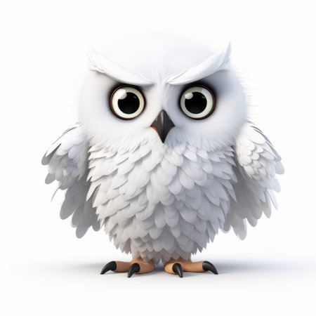 snowy owl 3d render featuring a plastic cartoon design. the full-body depiction of this majestic bird is set against a clean white background. ideal for educational or wildlife-themed projects, this intricate 3d model captures the essence of the snowy owl's beauty and grace. ai generatedの素材