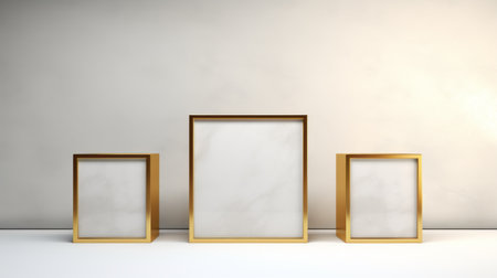 white chest featuring a sleek gold frame, designed to hold a slender 3 by 2 canvas. the minimalist setup creates a modern and stylish display. beauty of the simple design highlighted against the clean backdrop. perfect blend of elegance and simplicity in this frame for canvas. ai generatedの素材