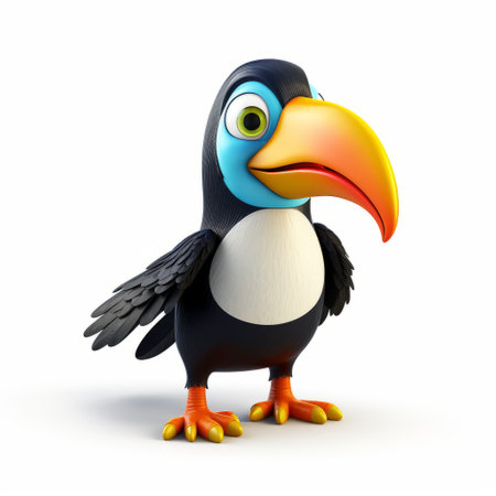 a 3d rendered plastic cartoon toucan stands in full body likeness against a white background. the vibrant colors and whimsical design of the toucan are highlighted in this playful and eye-catching image. the intricate detailing and texture of the plastic material add depth and dimension to the overall look of the bird. ai generatedの素材