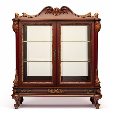 curio cabinet, isolated on white background, features exquisite design details and glass panels, perfect for displaying cherished collectibles and trinkets. this high-resolution image captures the beauty and craftsmanship of the cabinet, ideal for interior design projects and home decor inspiration. ai generatedの素材