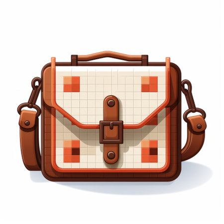 canvas bag design featuring a pixel vector polka dot pattern in orange and brown. the design showcases detailed character illustrations and luminous 3d objects in the style of the new leipzig school. the adventure-themed design also incorporates bright color blocks and elements inspired by the necronomicon illustrations. ai generatedの素材