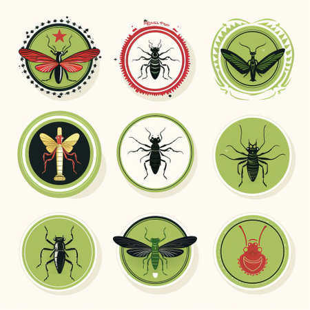insect sticker swab and pest control set vector illustration in vintage-inspired design. light maroon and dark green colors with circular shapes. eye-catching tags for psychological phenomena illustrations. inspired by cicely mary barker's art. perfect for health and pest control. ai generatedの素材
