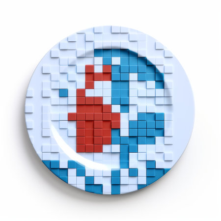 a heart-shaped dinner plate is created by combining red and blue squares, showcasing a digital and glitchy style inspired by chinese iconography. the photorealistic detailing, reminiscent of ken sugimori's art, adds depth to the design. dutch marine scenes influence the composition, resulting in a captivating visual narrative. this image captures the essence of regionalism through its use of color and subject matter. ai generatedの素材