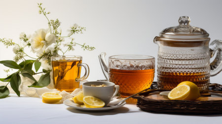 earl grey tea in a picturesque setting, perfect for a summer picnic. the white background complements the elegant tea cup, enhancing the serene and refreshing vibe. enjoy the classic blend of bergamot and black tea amidst the tranquility of the outdoors. perfect for a sunny day gathering. ai generatedの素材