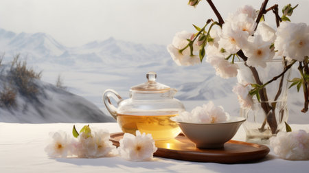 the white tea sits elegantly against a pristine white backdrop, setting the scene for a delightful summer picnic. refreshing, light, and perfect for warm days, this picturesque image embodies relaxation and tranquility. enjoy the serene ambiance and soothing vibes as you sip on this delightful beverage in the great outdoors. ai generatedの素材