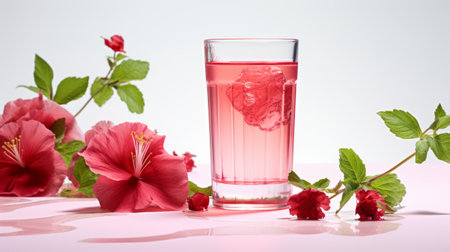 hibiscus tea picture featuring a white background, perfect for a summer gathering. enjoy the vibrant red color and refreshing floral taste, embodying the essence of a sunny picnic. perfect for adding a splash of color and flavor to your summer refreshments. ai generatedの素材