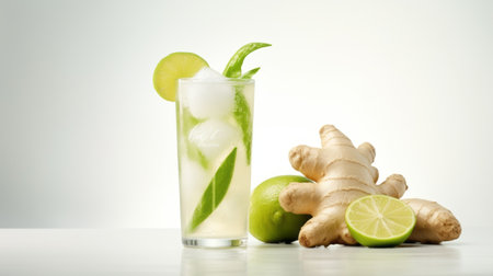 a refreshing ginger ale beverage displayed against a clean white backdrop, perfect for a summer picnic setting. enjoy the fizzy drink and beat the heat with this thirst-quenching option. ginger ale, summer, picnic, refreshment, drink, white backdrop, fizzy, beverage. ai generatedの素材