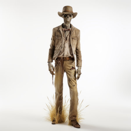 a 3d zombie model showcasing high-quality fashion in american wheat attire, set against a clean white background. the full-body rendering captures intricate details of the zombie's appearance, blending elements of horror with a stylish twist. a visually striking depiction that merges the undead theme with contemporary fashion aesthetics. ai generatedの素材