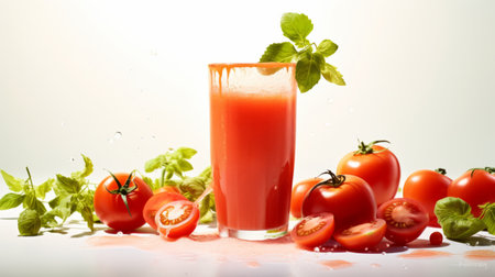 tomato juice with a white backdrop, perfect for a summer picnic. refreshing, delicious, and vibrant red colors make this drink enticing for outdoor gatherings. enjoy a glass of this healthy and hydrating beverage to beat the summer heat. ai generatedの素材