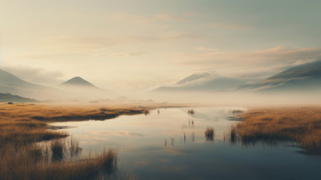 the lowland landscape in the photo exudes a serene and calming vibe, perfect for relaxation. the tranquil setting captures the beauty of nature at its finest, making it a peaceful escape for viewers. ai generatedの素材
