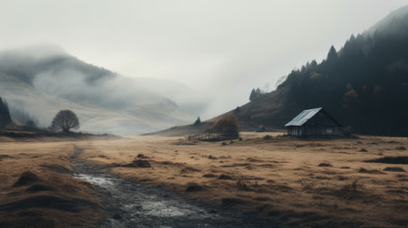 countryside landscape depicting serenity and calmness, captured on unsplash. the tranquil scene showcases the beauty of nature in a peaceful setting. enjoy the breathtaking view of the countryside, evoking a sense of relaxation and tranquility. perfect for those seeking a serene escape from the hustle and bustle of daily life. ai generatedの素材