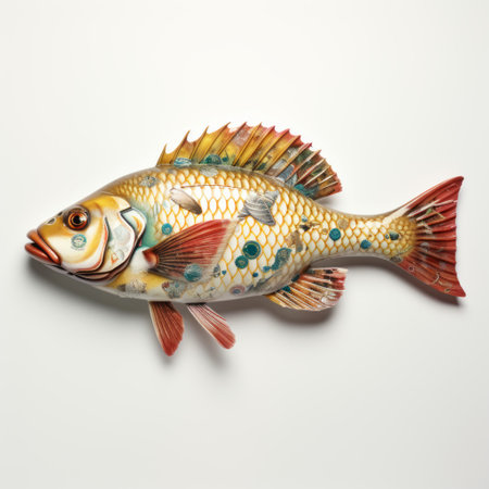 3d fish model with high-quality fashion design, showcasing a czech pilsner beer bottle attached to its full body. this unique and eye-catching composition is set against a clean white background. the intricate details of the fish and the beer bottle add a creative touch to this visually dynamic image. ai generatedの素材