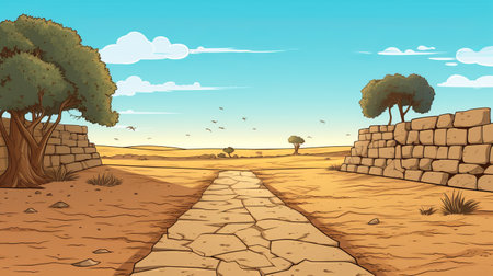 path through kenya next to wall, illustration in ancient egypt comic style. pharaohs, pyramids, and hieroglyphics adorn the mural as the pathway leads through the vibrant scene. the artwork seamlessly blends kenya's landscape with the ancient egyptian aesthetic, creating a unique and captivating visual experience. ai generatedの素材