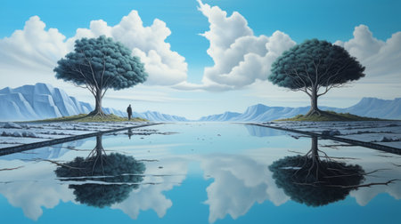 this ultra hd painting by magritte features a realistic portrayal of a surreal environmental background. the intricate details and vivid colors in the artwork showcase the artist's unique style and vision. surrealism, magritte painting, realistic art, ultra hd, environmental background. ai generatedの素材