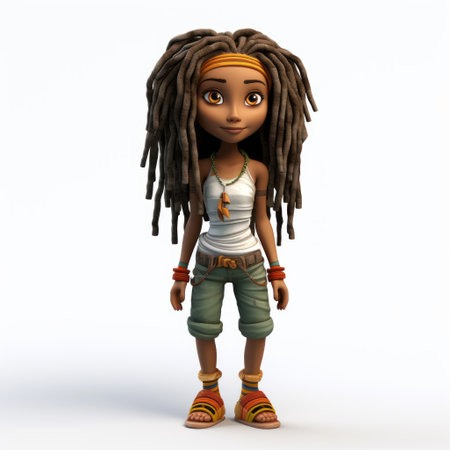 cartoon female character with stylish dreadlocks hairstyle showcased in full-body view on a clean, white background. this 3d image captures the intricate details and vibrant colors of the character's appearance, perfect for various design projects or creative concepts. ai generatedの素材
