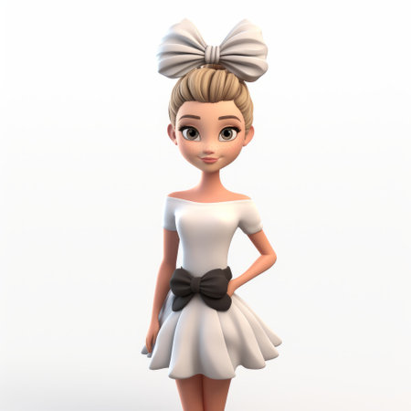 a 3d cartoon female character posing in a full-body shot against a white background. she sports a stylish half-up top knot hairstyle, exuding a trendy and modern look. the detailed rendering of the character adds depth and vibrancy to the image, making it visually appealing and engaging. ai generatedの素材