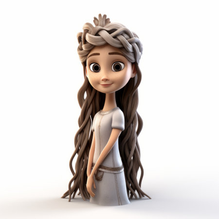 a 3d cartoon female model showcasing a braided crown hairstyle in full-body view against a white background. this digital character illustration features intricate braids and detailed styling. the 3d rendering highlights the artistry of the braided crown hairstyle, making it a captivating visual element. ai generatedの素材