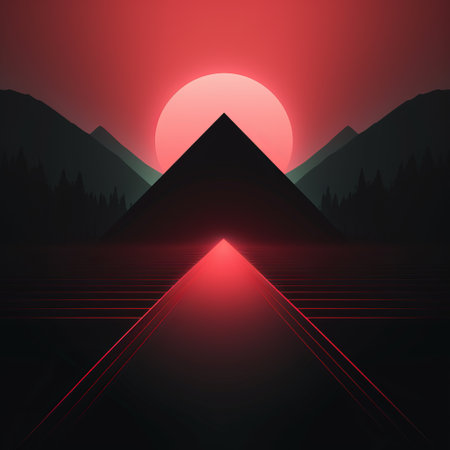 red ray of light illuminates the horizon, casting a striking contrast against the mountainous backdrop. this graphic design-inspired illustration features a geometrically balanced composition, with hints of ancient egyptian motifs. the darksynth-inspired color palette adds a touch of scoutcore and dark reflections, resulting in a classic yet contemporary composition. ai generatedの素材