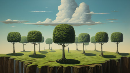 this ultra hd painting by magritte features a realistic depiction of a surreal renewable resources background. the artwork showcases intricate details and vivid colors, capturing the essence of sustainability in a unique way. ai generatedの素材