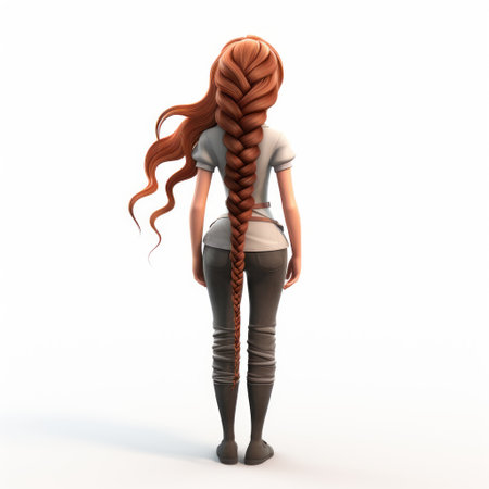 the 3d cartoon female character features a full body design against a white background. her striking fishtail braids hairstyle adds a unique touch to her overall appearance. this detailed depiction showcases a blend of creativity and digital artistry, making her a visually captivating figure in the virtual realm. ai generatedの素材