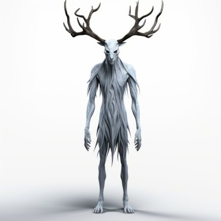 wendigo character in 3d with cel shading, staring directly at the camera. the creature is depicted in full body on a plain white background, emphasizing its sinister nature. this rendition merges simplicity with a detailed depiction of the mythical wendigo, creating a striking visual. ai generatedの素材