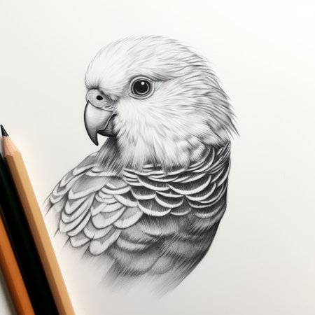 budgerigar head silhouette sketched with a single pencil stroke, artistic drawing of a parakeet's profile. minimalistic parrot outline in one pencil line, simple bird head artwork, elegant budgie silhouette on white background. miniature parakeet portrait hand-drawn with a smooth stroke. ai generatedの素材