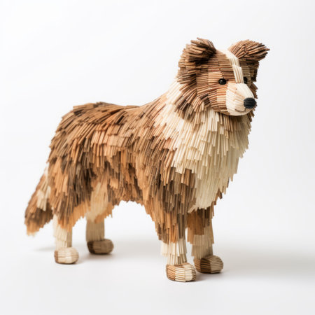 wooden shetland sheepdog sculpture crafted by hand displayed against a plain white background. this full-body replica captures the essence of this beloved herding breed. perfect for dog lovers and enthusiasts of handmade wooden art pieces. unique and charming addition to any decor. ai generatedの素材
