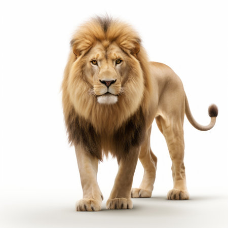 3d lion showcased with cel shading technique, maintains eye contact with the camera against a clean white backdrop. the lion is prominently featured in full body view, creating a striking and impactful visual. this minimalist composition highlights the intricate details of the lion's cel-shaded design. ai generatedの素材