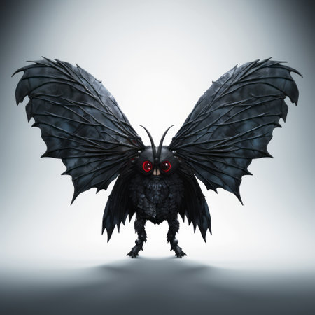 mothman 3d model in cel shading style standing in front of the camera. the creature is set against a plain white backdrop, showcasing its full-body details. the simple design enhances the mystique of this legendary figure. ai generatedの素材