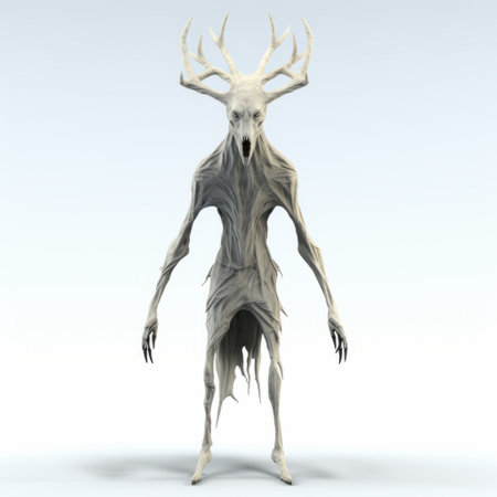 the 3d wendigo character, with a cel-shaded design, stands in full body view against a white background, making direct eye contact with the camera. this supernatural creature is visually striking and captivating in its depiction. ai generatedの素材
