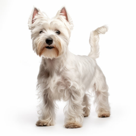 west highland white terrier dog, also known as westie, isolated on a white background. this photo captures the full body of the adorable and fluffy west highland white terrier. perfect for showcasing the distinctive traits of this breed, including their bright white coat and iconic perky ears. ai generatedの素材