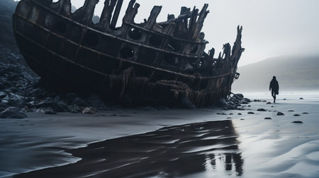 an isolated black and white photo of a decaying shipwreck in iceland. the rusty and deconstructed ruins are captured in slow motion underwater, creating a misty gothic atmosphere. the image is reminiscent of realistic landscapes with soft, tonal colors, resembling an oil painting. the use of focus stacking and anamorphic lens adds depth and dimension to the beach portrait. shot in 4k resolution. ai generatedの素材