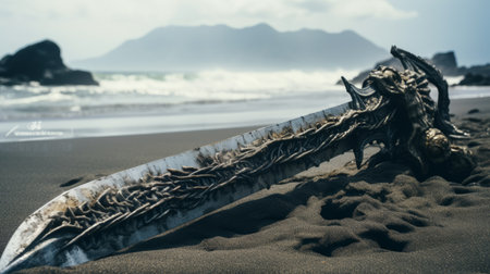 a revenant blade emerges from a decaying shipwreck on a desolate beach, waves crashing in the background. this captivating photo captures the mysterious beauty of the scene. find this stunning 1x image on unsplash, available in 600px resolution. ai generatedの素材