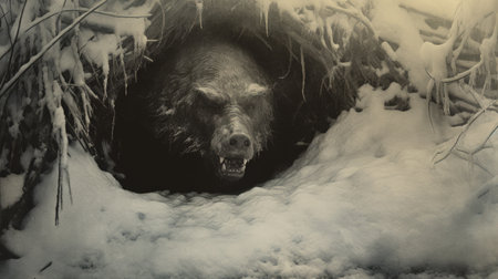 a creature in a snowy pit, captured in the style of darkroom photography, showcases hyperrealistic compositions reminiscent of american prints from 1880-1950. the image exudes a dark atmosphere, with realistic animal portraits set against a sublime wilderness backdrop. the extreme angle adds a sense of drama and intensity to the overall composition. ai generatedの素材