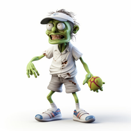 plastic cartoon zombie in 3d render, wearing a polo shirt, depicted in full body on a white background. creepy yet whimsical character perfect for halloween or horror-themed projects. high-quality digital illustration of a fun and quirky undead figure, ideal for various design needs. ai generatedの素材