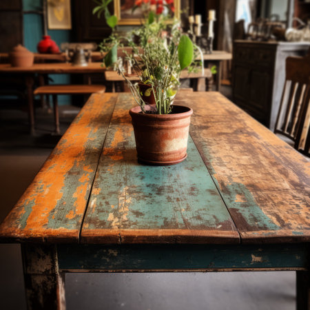 a large blue and orange table with a pot of herbs sits in a lively interior, showcasing a vintage vibe and distressed, weathered surfaces. this consumer culture critique piece embodies the cabincore aesthetic with its timber frame construction and soft-focus appeal. ai generatedの素材