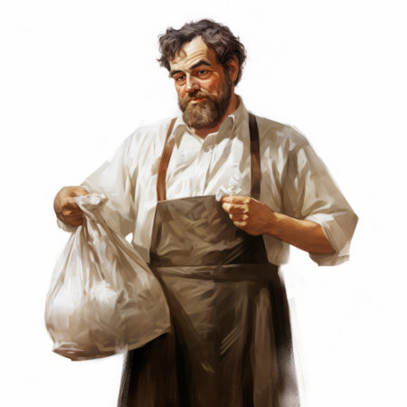 daniel in an apron holding a bag of sugar in a vintage illustration. the image portrays a traditional kitchen scene with a touch of nostalgia. the white background enhances the classic feel of the artwork, making it a charming and timeless depiction of culinary heritage. ai generatedの素材