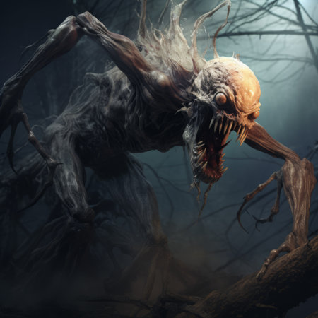 a small creature with scary eyes perches on a rock amidst branches in a spatial concept art style. the dark navy and light amber colors create a haunting atmosphere. the use of cryengine enhances the portrayal of structured chaos and exaggerated anatomy. this multi-layered narrative scene captivates with its eerie ambiance and intriguing visuals. ai generatedの素材
