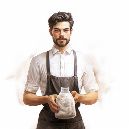 david, wearing an apron, is holding a bag of sugar in this vintage-inspired photo. the simple, old-fashioned design stands out against the clean white background. this image captures a traditional cooking aesthetic with a touch of nostalgia. ai generatedの素材